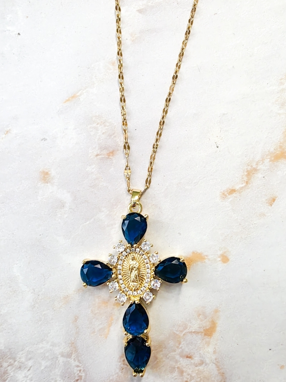 18K Gold Cross Pendant Necklace Blue Zircon 316 Stainless Steel New
